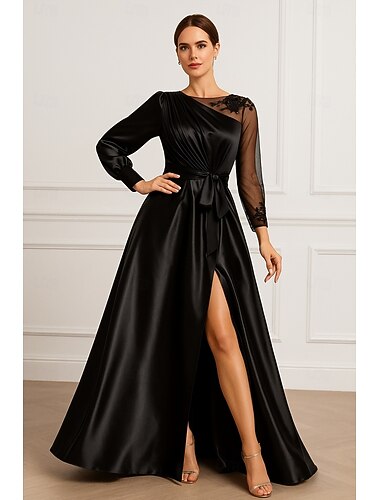  А-силуэт В пол Вечернее платье С пышной юбкой Торжественное платье Элегантный стиль Высокий раскол Длинный рукав Иллюзионный декор Официальные Свадьба Карман Сатин с Рюши