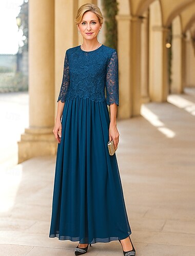  A-linja Kokopitkä Muodollinen mekko Iltapuku 3/4 hiha Tiukka pyöreä kaula-aukko Tyylikäs Muodollinen Pitsi Polyesteri Morsiammen äidin asu kanssa Solid Color