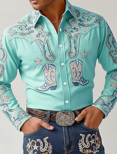  Hombre Herradura Floral intrincado Camisa camisa occidental Camisa vaquera Manga Larga retro de la vendimia Exterior Vacaciones Primavera Otoño Cuello Vuelto Impresión 3D Camisa tipo lino Azul
