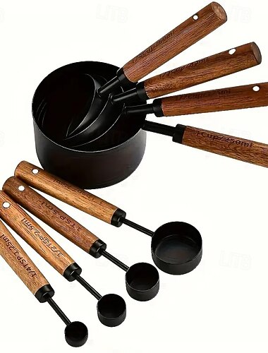  Ensemble de 8 tasses et cuillères doseuses - tasses doseuses en acier inoxydable avec manche en bois, ensemble de cuillères doseuses en métal, ensemble de mesures de cuisine gigognes pour la