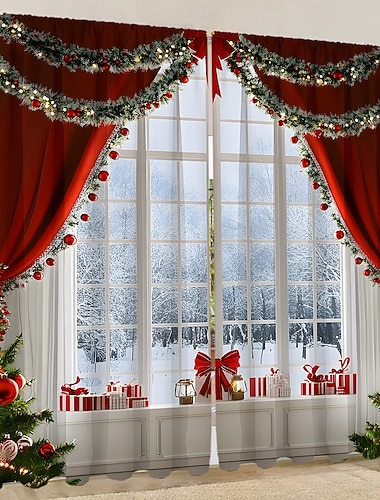  Europejskie zasłony świąteczne, druk cyfrowy 3D, zasłony okienne z lambrekinem, elegancka dekoracja świąteczna do salonu, sypialni, wystrój domu, zestaw zasłon