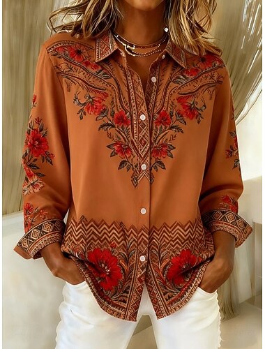  Dame Skjorte Bluse Patchwork Knapper Trykt mønster Grafisk Geometrisk Paisley Boheme Årgang Tropisk Langærmet Krave Almindelige toppe Daglig Orange Grøn Kakifarvet Forår Efterår Vinter