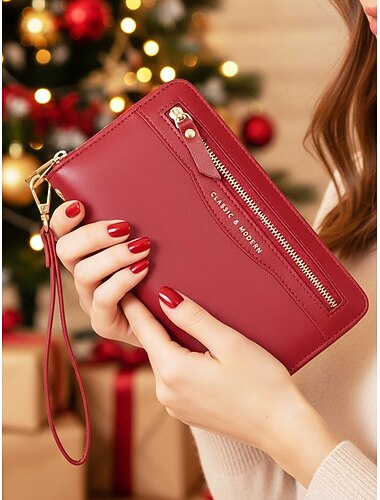  Julelommebok med stor kapasitet til dame, flere farger, imitert skinn med glidelåsdetalj, elegant og praktisk, perfekt som julegave og daglig bruk