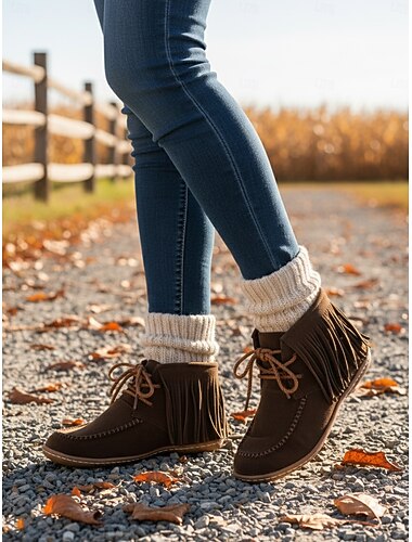  Bottines mocassins en simili-suède à franges pour femme – bottines rétro à lacets pour l'automne, les aventures en plein air et le style décontracté au quotidien