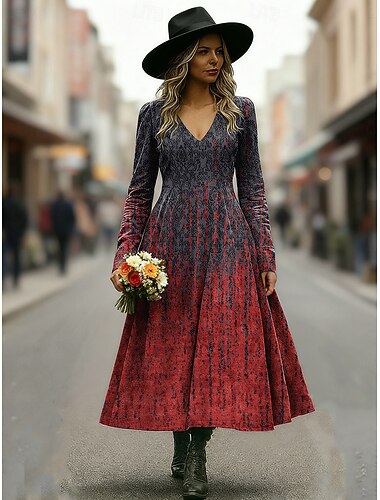  Női Midi ruha A vonalú ruha Szabadság Alkalmi Napi Normál Grafika Absztrakt Hosszú ujj V-alakú Rubin Medence Bíbor Lóhere Ősz Tél