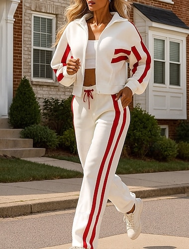 Новогодняя тематика Жен. Толстовка на молнии Спортивный костюм из двух частей Комплекты спортивных костюмов мешковатый с карманом В полоску Наборы одежды Осень Черный Белый Спандекс   Новогодняя тематика Жен. Толстовка на молнии Спортивный костюм из двух частей Комплекты спортивных костюмов мешковатый с карманом В полоску Наборы одежды Осень Черный Белый Спандекс