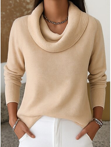  Жен. Вязаная ткань Элегантный стиль Мода Повседневные Свободный вырез Холодный прием Длинный рукав Обычные топы Вязать Розовый Бежевый Осень Зима
