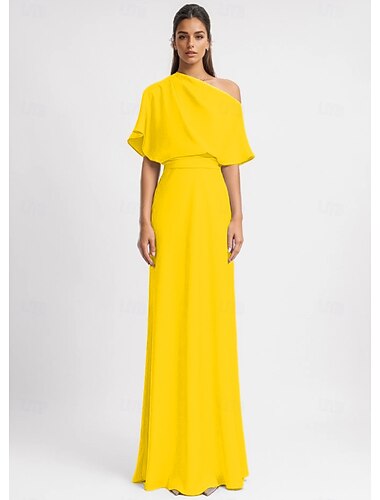  Robe de soirée A-Line robe élégante formelle longueur sol manches 3/4 épaule unique poche crêpe extensible avec ruché