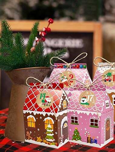  24 stuks kerstcadeaudozen snoep peperkoekenhuisje mini kerstfeestje bedankdoosje klein kartonnen geschenkdoosje voor kerstvakantie feesttraktatie koekje lekkernij snackverpakking
