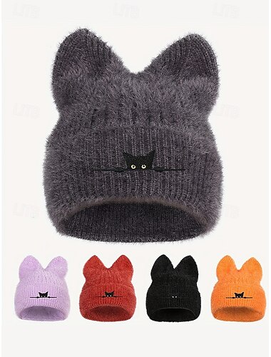  Dames gebreide muts met kattenoren, schattige warme wintermuts met zwart kattenborduursel, stijlvol kerstcadeau voor meisjes en vrouwen