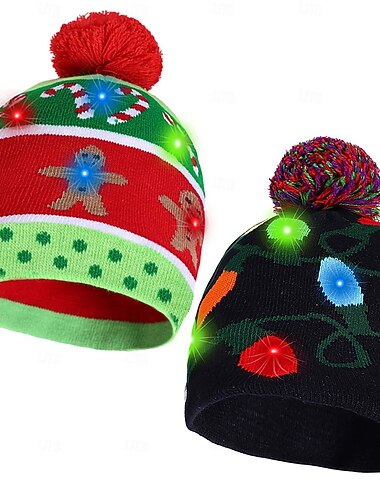 2 gorros de punto con decoración navideña, gorros de Papá Noel con luces de colores, accesorios para fotos festivas, gorros navideños para adultos, divertidos sombreros de temporada.   2 gorros de punto con decoración navideña, gorros de Papá Noel con luces de colores, accesorios para fotos festivas, gorros navideños para adultos, divertidos sombreros de temporada.