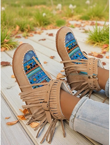  מגפי מוקסין לנשים עם פרנזים והדפס אתני צבעוני, מגפוני קרסול קז'ואל לתלבושות סתיו, פסטיבלים &ללבוש יומיומי
