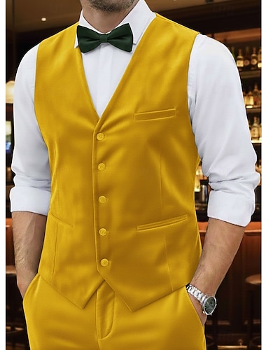  Kamizelka męska na wesele, imprezę świąteczną, aksamitny garnitur z klapami w serek, czarny, żółty, świąteczny, modny, jednolity kolor, standardowy krój, 2 części