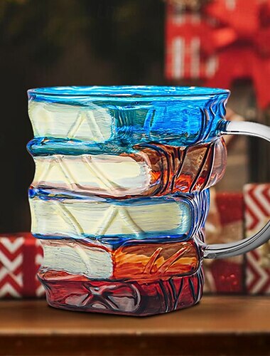  Krus med malte bøker, nyhetskaffekrus med 3D-malte bøker til jul, unik fargerik glasskaffekopp med stabel av bøker, samlingsgaver til lesere, bibliotekarer og litteraturelskere