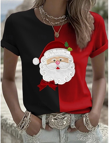 Vánoční ženské tričko grafika Claus vintage stylové moderní krátký rukáv kulatý krk pravidelné topy každodenní tisk černá červená zelená podzim zima