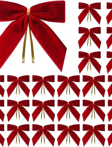  12/24 kpl jouluisia rusetteja koristeeksi joulukuuseen – suuret punaiset samettiset rusetit langallisilla reunoilla kuusen, seppeleen, lahjapakkauksiin ja juhlakodin sisustukseen, täydelliset