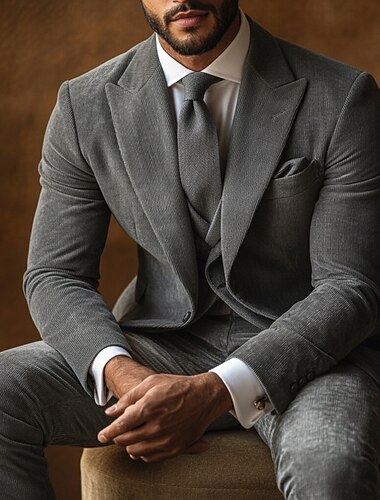  Heren Zakelijke pakken Casual Bruiloft Zwart Bruin Herfst Pak Puntige revers Zakelijk Jurken Effen Standaard pasvorm 3-delige set Enkele rij knopen met één knoop