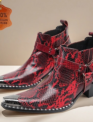  Pánské červené westernové boty s hadím vzorem z pravé kůže, špičatou špičkou a přezkou, kovbojské kotníkové boty ze 100% hovězí kůže na pódium, večírky a módní přehlídky