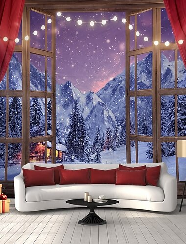 Tapisserie murale de Noël, vue sur la fenêtre, paysage d'hiver, 2025, grande décoration murale, couverture, rideau, maison de vacances, chambre à coucher, salon, décoration festive   Tapisserie murale de Noël, vue sur la fenêtre, paysage d'hiver, 2025, grande décoration murale, couverture, rideau, maison de vacances, chambre à coucher, salon, décoration festive