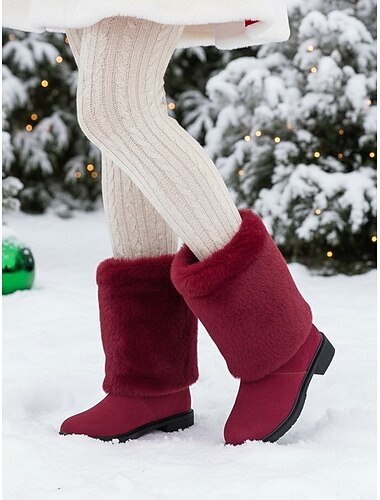  Burgunderrote Winterstiefel aus Kunstfell bis zur Wadenmitte für Damen – warme Schneestiefel im Weihnachtsmann-Stil für Weihnachten, Feiertagsoutfits und Outdoor-Bekleidung