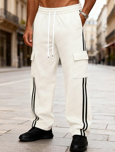  Homme Pantalon de survêtement ample Jogging Cargo Joggings Pantalons Cordon de serrage Avec Poches Taille Élastique Rayé Confort Sport en Plein Air Quotidien Mode Occasionnel Noir Blanche