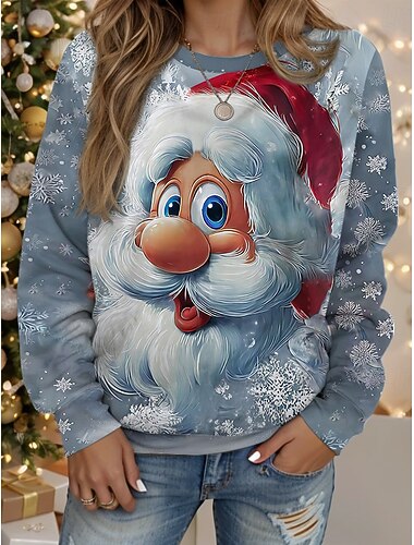  Jul Kvinne Santa Claus Snøfnugg Pullover Sweatshirt Grafisk Claus Casual Langermet Rund hals Vanlige Topp Gate Casual Ferietrykk Blå Mørkeblå Lys blå Vår Høst Vinter