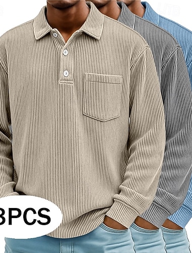  Lot de 3 polos en velours côtelé pour homme, style décontracté, sport, revers, manches longues, mode, blocs de couleurs, automne/printemps &automne toutes saisons coupe régulière