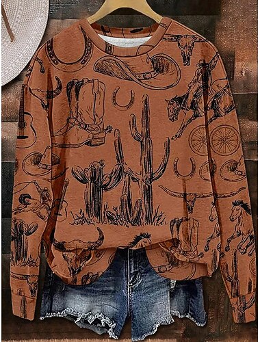  Women's Sweatshirts Graphic Geometric Casual Long Sleeve Crew Neck Regular Tops Street Dailywear Casual Patchwork Brown Khaki Fall Winter