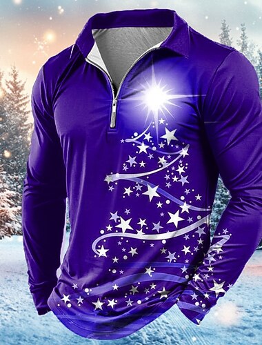  חג המולד בגדי ריקוד גברים עץ חג המולד חולצות פולו עם רוכסן שרוול ארוך חולצות פולו דש יום יומי בָּחוּץ תלבושת פסטיבל הדפסת תלת מימד אביב סתיו חורף אודם פול סגול