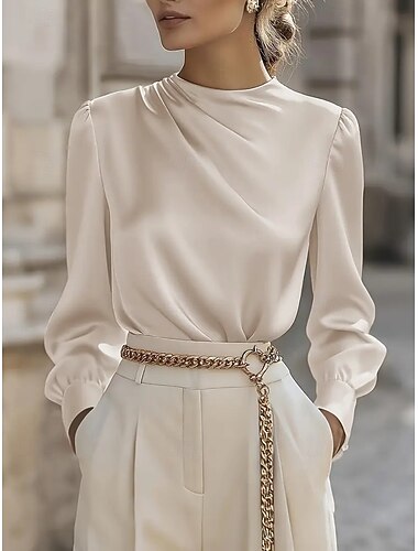  בגדי ריקוד נשים אלגנטי מִתגַנדֵר סאטן חולצה אחיד יומי שרוול ארוך צווארון גבוה חולצות רגילות פול שחור לבן משמש סתיו