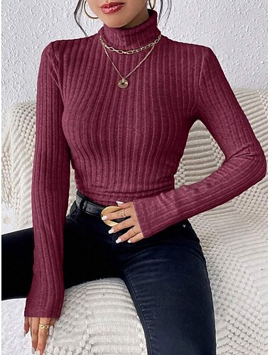  Női Pulóver Alkalmi Puha Tiszta szín Bordázott Körgallér Kötött Hosszú ujj Normál felsők Kötött Szabadtéri Napi Hétvége Fekete Bor Ősz Tél