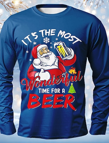  T-shirt de Noël amusant à manches longues pour hommes, imprimé bière du Père Noël, c'est le moment le plus merveilleux pour une bière, haut de fête de vacances