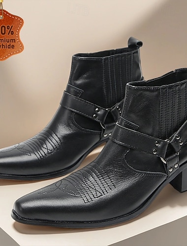  Botas masculinas de couro legítimo pretas com bico fino e salto grosso, botas de cowboy de couro bovino para palco, festas e roupas estilo rock