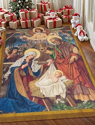  Krippenszene Weihnachtsbereichsteppich für Wohnzimmer und Schlafzimmer Faux Cashmere Jesus Geburtsteppich mit Maria Josef und Baby Jesus religiöse Weihnachtskunst weich rutschfest maschinenwaschbar