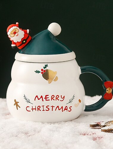  Χριστουγεννιάτικη κούπα δώρου, δημιουργική κεραμική κούπα καφέ για γιορτές με καπάκι και κουτάλι, μεγάλης χωρητικότητας σχέδιο χιονάνθρωπου και Άγιου Βασίλη, εορταστικά χριστουγεννιάτικα ποτήρια για