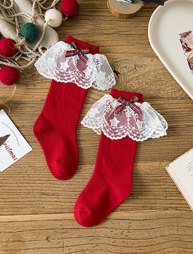 Дети Девочки Новогодняя тематика Рождественский подарок Носки Белый Розовый Красный Сплошной цвет Кружевная отделка Осень Зима На каждый день   Дети Девочки Новогодняя тематика Рождественский подарок Носки Белый Розовый Красный Сплошной цвет Кружевная отделка Осень Зима На каждый день