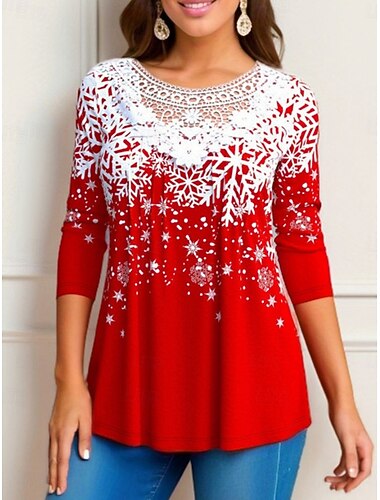  Blusa feminina de natal com flocos de neve elegante casual manga longa gola redonda tops regulares impressão para o dia a dia vinho tinto primavera outono inverno