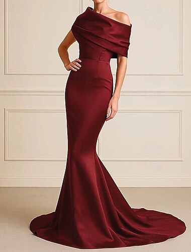  Meerjungfrauenschnitt Bodenlange Schleppe Abiballkleider Abendkleid Ballkleid Festliche Kleidung Elegant Ärmellos Schulterfrei Hochzeit Formell Rosa Kleid Stretch Satin mit Falten