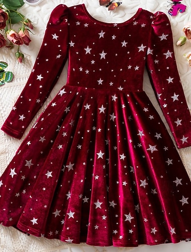  Enfants Fille Robe Robe de Soirée Etoile manche longue Cadeaux de Noël fête de Noël Beau Doux Polyester Maxi Robe de Soirée Robe trapèze Printemps Automne 4 ans et + Vin bleu marine