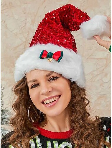  Dámská flitrovaná vánoční čepice Santu se slavnostní mašlí a zvonkem, kožešinový lem, sváteční párty doplněk