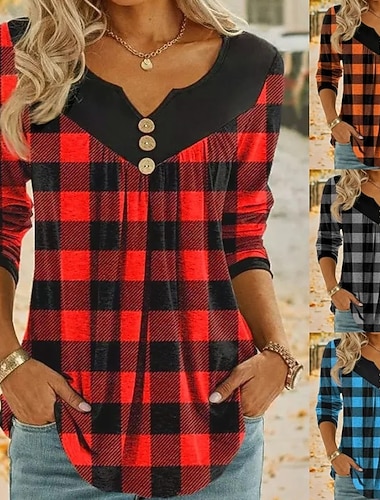  בגדי ריקוד נשים חולצה משובץ וינטאג' טרופי מסוגנן שרוול ארוך צווארון V חולצות רגילות יומי חגים ליציאה Ruched טלאים אודם פול כתום אפור סתיו חורף