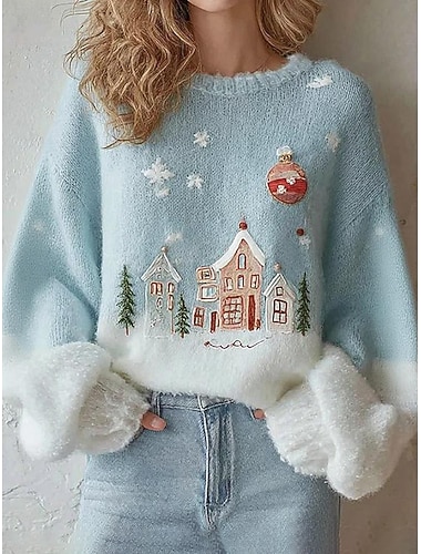  Dames Trui Stoppen Dagelijks Casual Grafisch Geribd Strakke ronde hals Gebreid Afdrukken Lange mouw Normale tops breien Kerstmis Buiten Weekend Licht Blauw Herfst Winter