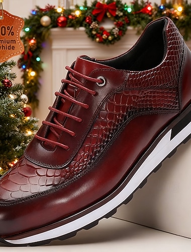  Burgunderrote Herren-Sneaker aus echtem Leder mit Krokodilprägung, runder Spitze und Kontrastnähten, elegante Luxusschuhe für Partys und Business-Events