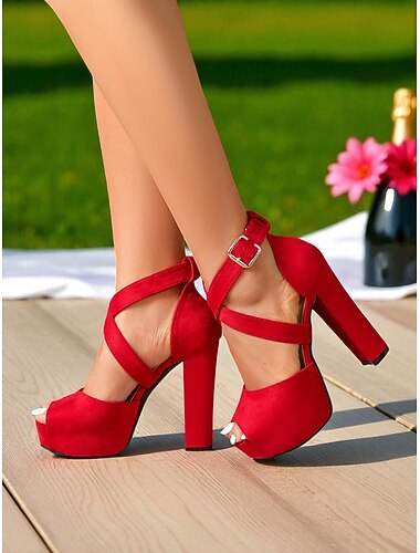  sandali da donna con plateau in pelle scamosciata rossa - scarpe con tacco alto, cinturino incrociato e punta aperta per feste notturne &abbigliamento da discoteca