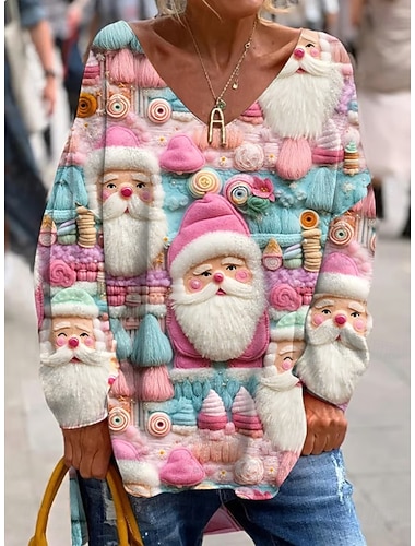 Weihnachten Damen T Shirt Grafik Weihnachtsmann Weihnachten Elegant Vintage Mode Langarm V Ausschnitt Normale Oberteile Täglich Wochenende Druck Rosa Pudriges Rosa Rote Grün Leicht Blau Frühling   Weihnachten Damen T Shirt Grafik Weihnachtsmann Weihnachten Elegant Vintage Mode Langarm V Ausschnitt Normale Oberteile Täglich Wochenende Druck Rosa Pudriges Rosa Rote Grün Leicht Blau Frühling