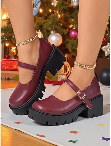  Burgunderrote Mary-Jane-Plateauschuhe für Damen mit Schnallenriemen, klobiger Sohle, lässiger und schicker Stil für Winter, Weihnachten und den Alltag