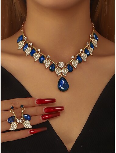  Damesett med røde krystallkjeder og øredobber, 2 stk., elegante gullbelagte smykker til julefester og høytidsgaver. &kveldsantrekk