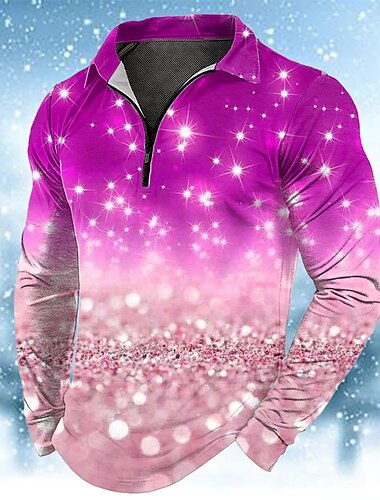  חג המולד בגדי ריקוד גברים מופשט חולצות פולו עם רוכסן שרוול ארוך חולצות פולו דש יום יומי בָּחוּץ תלבושת פסטיבל הדפסת תלת מימד אביב סתיו חורף אודם פול סגול