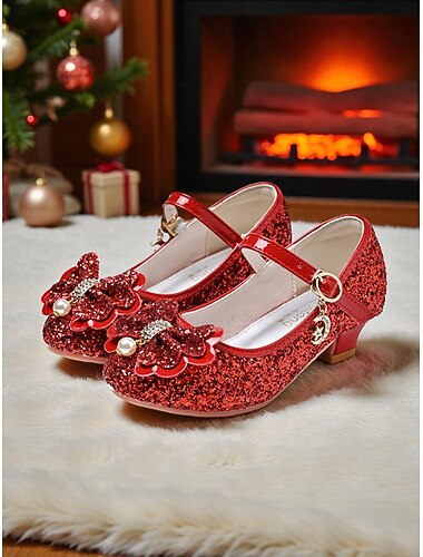 Sapatinhos Mary Jane rosa com glitter e laço para crianças - perfeitos para festas de Natal e comemorações de fim de ano.   Sapatinhos Mary Jane rosa com glitter e laço para crianças - perfeitos para festas de Natal e comemorações de fim de ano.