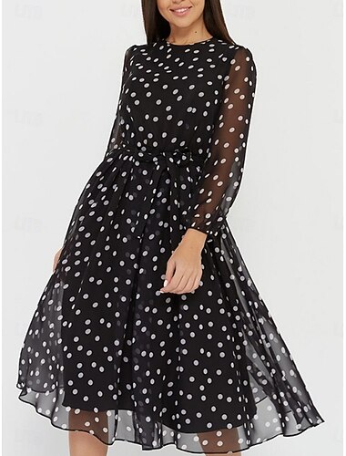  Dam Midiklänning A linjeklänning Ledigt Dagligen Normal Prickig Långärmad Rund hals Svart Rubinrött Marinblå Grå Vår Höst
